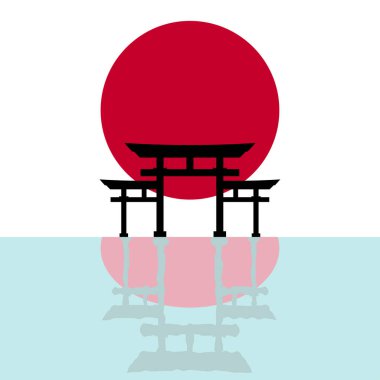 Torii kapı işareti. Geleneksel Japon geçidi günbatımı arka planında. Japon Shinto dininin sembolü. Oryantal Japon tasarımı kumaş, ambalaj kağıdı, duvar kağıdı, paketleme için. Vektör 