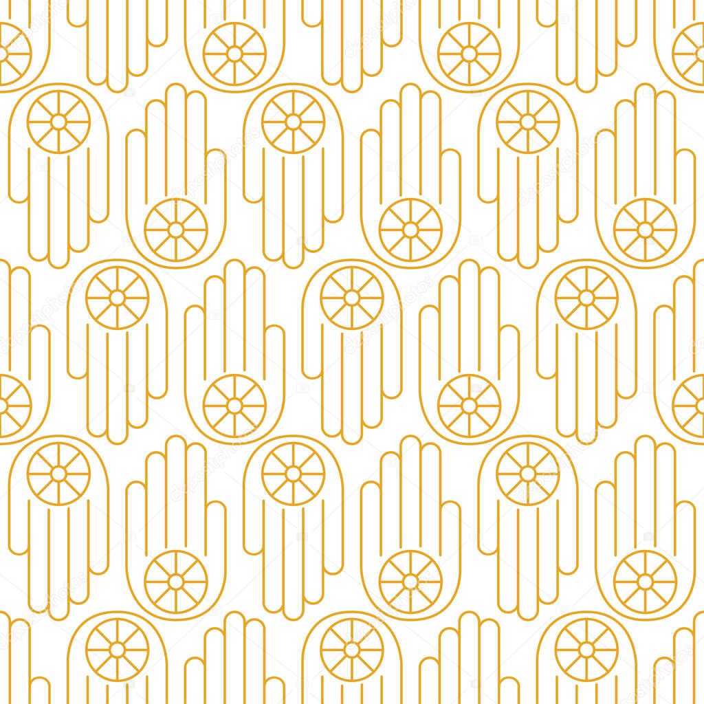 Seamless pattern with Ahimsa hand. Symbol of Jainism in gold color on white background. Line art. Non-violence concept. Design for print on fabric, wrapping paper, wallpaper. Vector illustration