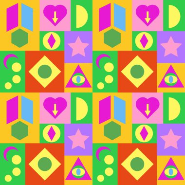 Geometrik şekilli Retro 90 'ların arka planı. Bauhaus konsepti. Web arkaplanı için soyut geometrik kompozisyon, poster tasarımı, kitap kapakları, reklamcılık, kumaş baskısı. Vektör illüstrasyonu