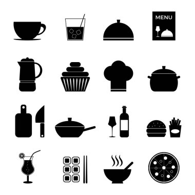 Kafe ikonu seti. Bir fincan kahve, kahve demliği, kokteyl, bir bardak şarap, menü simgeleri siyah. Vektör illüstrasyonu beyaz arkaplanda izole edildi