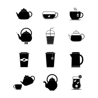 Çay ikonu seti. Sıcak içecek bardağı, soğuk buzlu çay ve çaydanlık ikonları siyah renk. Logotype organik bitkisel veya nane çayları. Beyaz arkaplanda izole edilmiş vektör illüstrasyonu