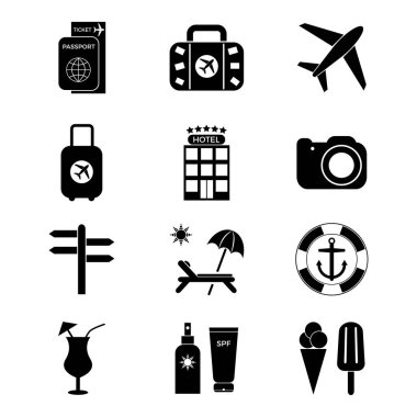 Yaz ikonu seti. Seyahat simgesi koleksiyonu beyaz arkaplanda izole edildi. Pasaport, otel, havayolu, bagaj, siyah renkli plaj.