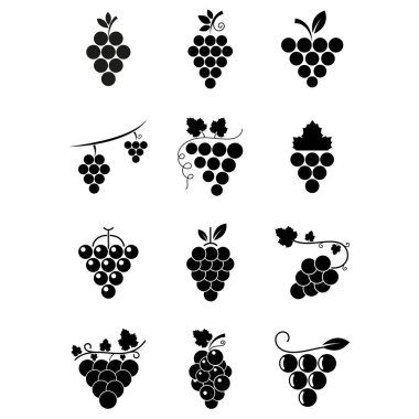Üzüm ikonu seti. Düz stil siyah renkli bir demet üzüm. Böğürtlen ikonu beyaz arkaplanda izole edildi. Şarap için logo, şampanya, meyve suyu. Web tasarımı için vektör illüstrasyonu