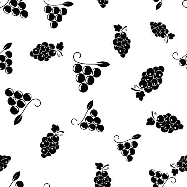 Bir demet üzümsüz desen. Beyaz arka planda siyah böğürtlen ve yapraklar var. Üzümler yassı simge. Kumaş, ambalaj kağıdı, asma ambalajlı ambalaj için tasarım. Vektör illüstrasyonu