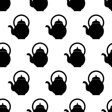 Çaydanlıkla kusursuz desen. Beyaz arka planda siyah yassı bir çaydanlık. Kumaş, ambalaj kağıdı, duvar kağıdı, ambalaj için modern tasarım. Vektör illüstrasyonu