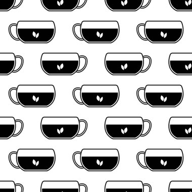 Bir fincan çayla kusursuz desen. Beyaz arka planda siyah yassı çay bardağı. Simge çay yaprakları. Kumaş, ambalaj kağıdı, duvar kağıdı, ambalaj için modern tasarım. Vektör illüstrasyonu