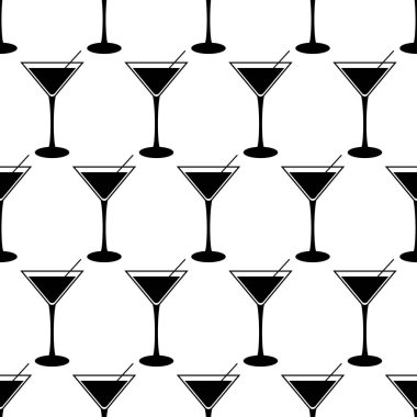 Kokteylle kusursuz desen. Beyaz arka planda saman olan siyah düz simge kokteyli. Simgesel alkol içeceği. Kumaş, ambalaj kağıdı, duvar kağıdı, ambalaj için modern tasarım. Vektör illüstrasyonu