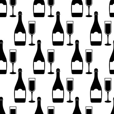 Şarap kadehleri ve şişe ile kusursuz desen. Beyaz arka planda siyah yassı alkollü içecekler. Kumaş, ambalaj kağıdı, duvar kağıdı, ambalaj için modern tasarım. Vektör illüstrasyonu
