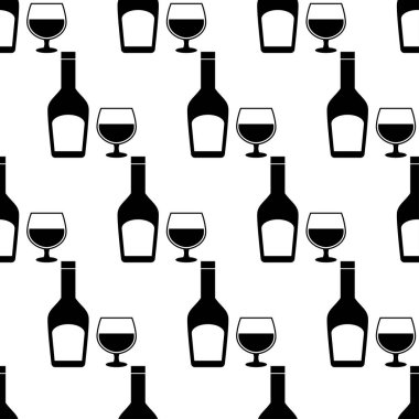 Şarap kadehleri ve şişe ile kusursuz desen. Beyaz arka planda siyah yassı alkollü içecekler. Kumaş, ambalaj kağıdı, duvar kağıdı, ambalaj için modern tasarım. Vektör illüstrasyonu