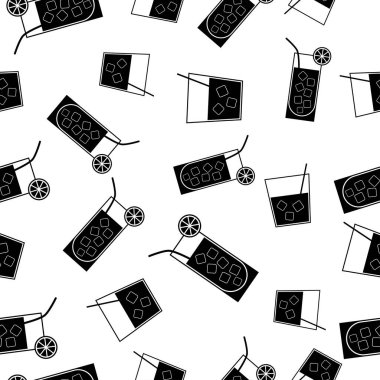 Sabit kokteyl ile kusursuz desen. Beyaz arka planda siyah düz ikon kokteyli. Simgesel alkol içeceği. Kumaş, ambalaj kağıdı, duvar kağıdı, ambalaj için modern tasarım. Vektör illüstrasyonu