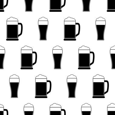 Bir bardak birayla kusursuz desen. Beyaz arka planda siyah yassı ikon bira. Simgesel bira kupası. Kumaş, ambalaj kağıdı, duvar kağıdı, ambalaj için modern tasarım. Vektör illüstrasyonu