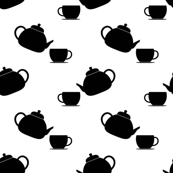 Seamless Pattern Kettle Cup Black Flat Icon Cup Tea Coffee — Archivo Imágenes Vectoriales