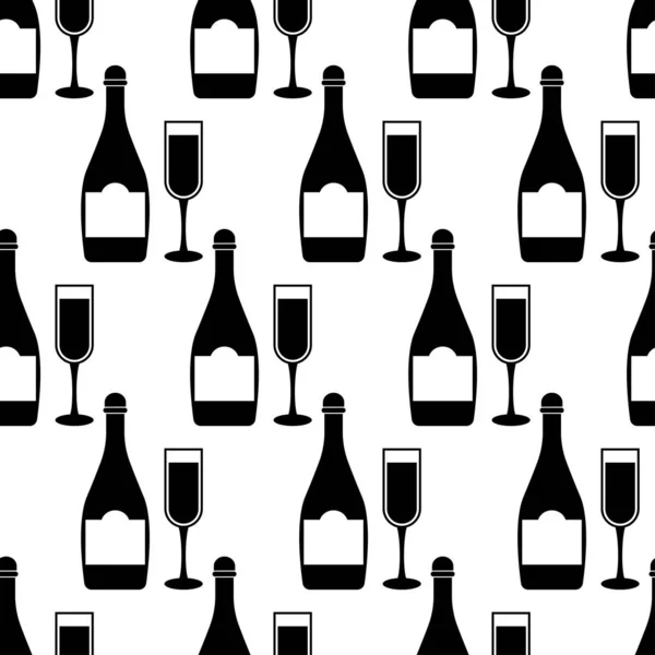 Seamless Pattern Wineglases Botlle Black Flat Icon Alcohol Drinks White — Vetor de Stock