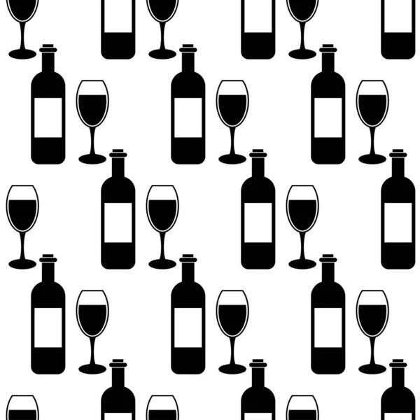 Seamless Pattern Wineglases Botlle Black Flat Icon Alcohol Drinks White — Archivo Imágenes Vectoriales