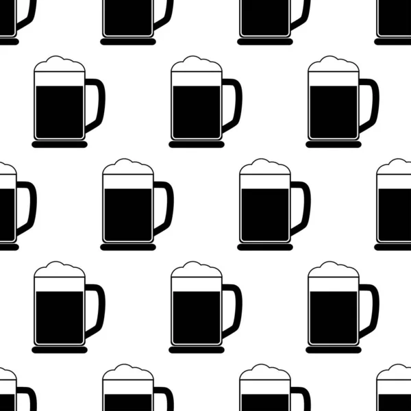 Seamless Pattern Glass Beer Black Flat Icon Pint White Background — Vetor de Stock