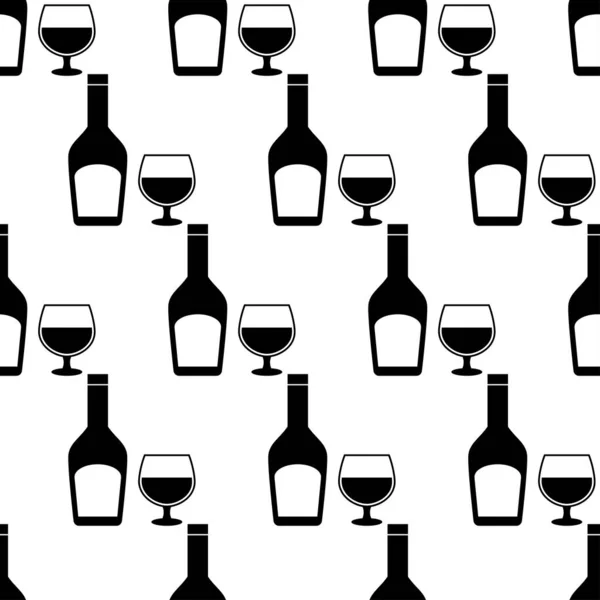 Seamless Pattern Wineglases Botlle Black Flat Icon Alcohol Drinks White — Stok Vektör