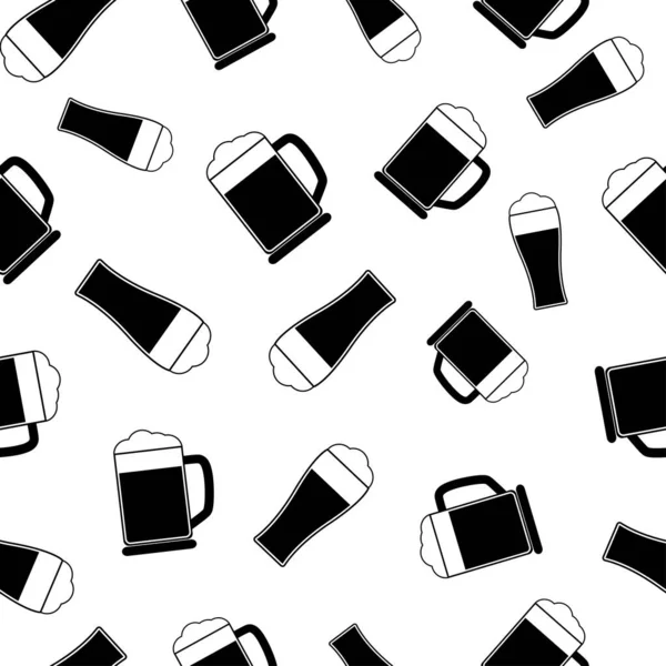 无缝隙的啤酒图案 白色背景上的黑色扁平图标品脱 冰啤酒杯 用于织物 包装纸 包装材料印刷的现代设计 矢量说明 — 图库矢量图片
