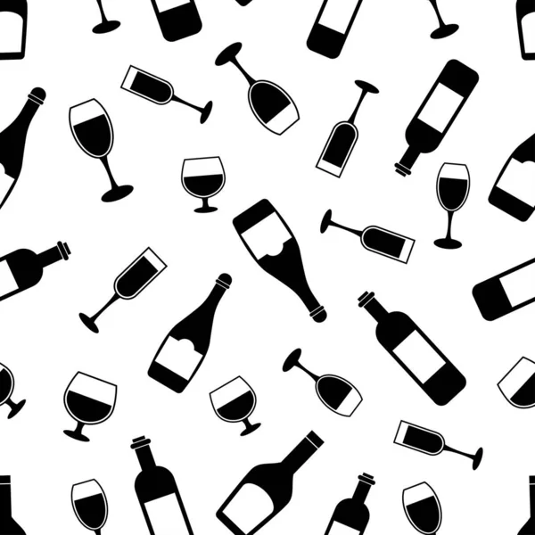 Seamless Pattern Wineglases Botlle Black Flat Icon Alcohol Drinks White — Vetor de Stock