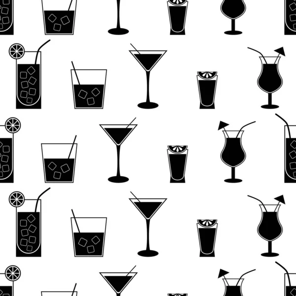 Nahtloses Muster Mit Festgelegtem Cocktail Schwarzer Flacher Symbol Cocktail Auf — Stockvektor