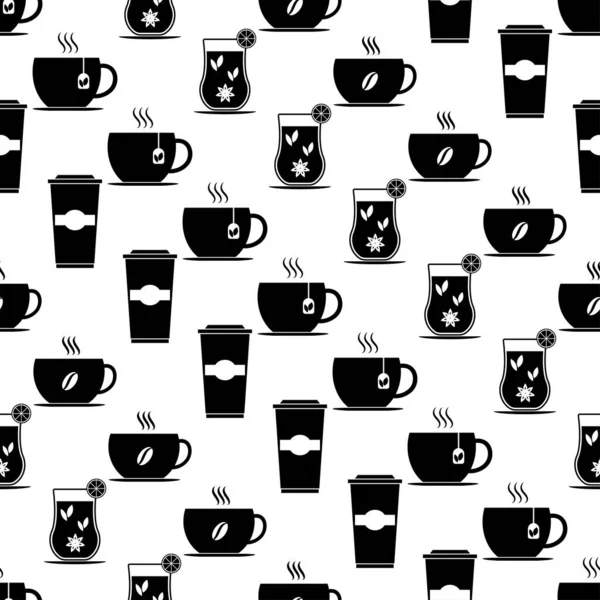 Seamless Pattern Set Cups Black Flat Icon Cup Hot Drink — Archivo Imágenes Vectoriales