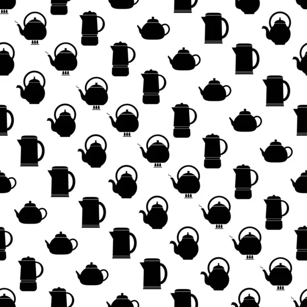 Seamless Pattern Set Teapots Black Flat Icon Kettles White Background — Archivo Imágenes Vectoriales