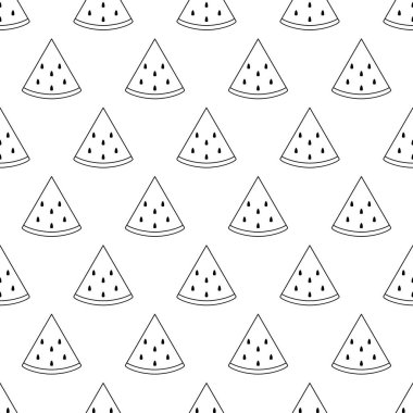 Karpuzlu kusursuz desen. Beyaz arka planda siyah yassı meyve dilimi. Doğrusal ikon meyve seti. Kumaş, ambalaj kağıdı, duvar kağıdı, ambalaj için modern tasarım. Vektör illüstrasyonu