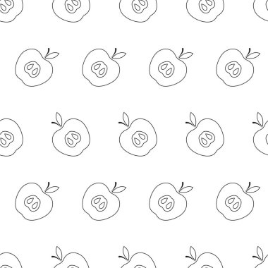 Elmayla kusursuz desen. Beyaz arka planda siyah yassı elma dilimi. Doğrusal ikon meyve seti. Kumaş, ambalaj kağıdı, duvar kağıdı, ambalaj için modern tasarım. Vektör illüstrasyonu