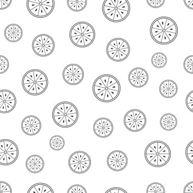 Limonlu kusursuz desen. Beyaz arka planda siyah düz limon dilimi. Doğrusal ikon meyve seti. Kumaş, ambalaj kağıdı, duvar kağıdı, ambalaj için modern tasarım. Vektör illüstrasyonu