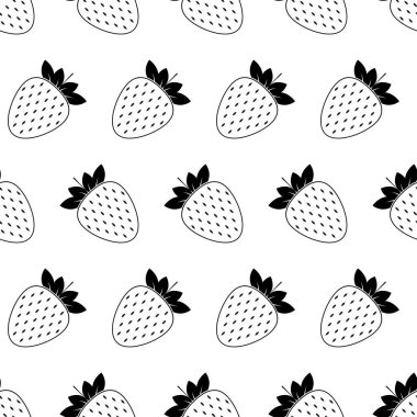 Çilekli ve pürüzsüz desen. Beyaz arka planda siyah yassı ikon meyvesi. Doğrusal ikon dut seti. Kumaş, ambalaj kağıdı, duvar kağıdı, ambalaj için modern tasarım. Vektör illüstrasyonu