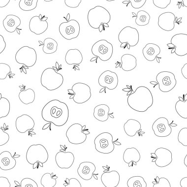 Elmayla kusursuz desen. Beyaz arka planda siyah yassı elma dilimi. Doğrusal ikon meyve seti. Kumaş, ambalaj kağıdı, duvar kağıdı, ambalaj için modern tasarım. Vektör illüstrasyonu