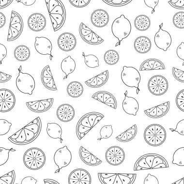 Limonlu kusursuz desen. Beyaz arka planda siyah düz limon dilimi. Doğrusal ikon meyve seti. Kumaş, ambalaj kağıdı, duvar kağıdı, ambalaj için modern tasarım. Vektör illüstrasyonu