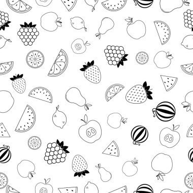 Eksik meyveli kusursuz desen. Beyaz arka planda siyah yassı dutlar. Doğrusal ikon meyve seti. Kumaş, ambalaj kağıdı, duvar kağıdı, ambalaj için modern tasarım. Vektör illüstrasyonu