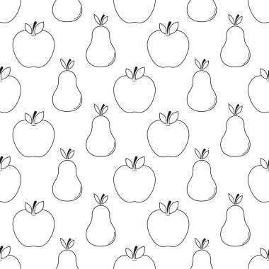 Armut ve elmayla kusursuz desen. Beyaz arka planda siyah yassı ikon meyvesi. Doğrusal ikon meyve seti. Kumaş, ambalaj kağıdı, duvar kağıdı, ambalaj için modern tasarım. Vektör illüstrasyonu