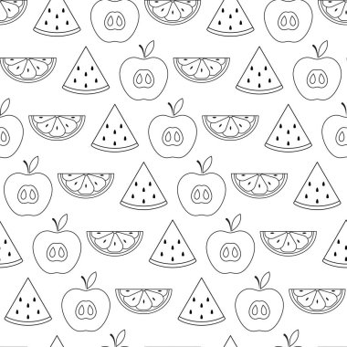 Eksik meyveli kusursuz desen. Beyaz arka planda siyah yassı dutlar. Doğrusal ikon meyve seti. Kumaş, ambalaj kağıdı, duvar kağıdı, ambalaj için modern tasarım. Vektör illüstrasyonu