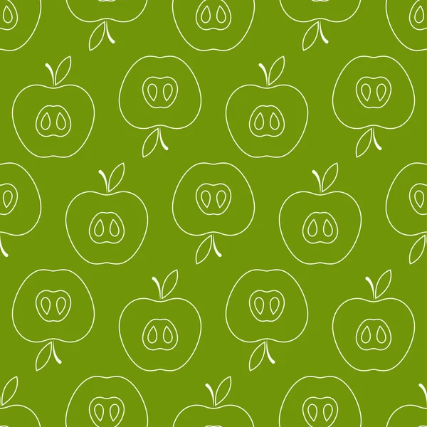 Elmayla kusursuz desen. Renkli beyaz simge elma dilimi. Doğrusal ikon meyve seti. Kumaş, ambalaj kağıdı, duvar kağıdı, ambalaj için modern tasarım. Vektör illüstrasyonu