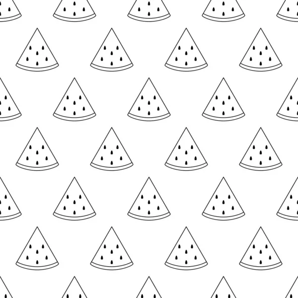 Karpuzlu kusursuz desen. Beyaz arka planda siyah yassı meyve dilimi. Doğrusal ikon meyve seti. Kumaş, ambalaj kağıdı, duvar kağıdı, ambalaj için modern tasarım. Vektör illüstrasyonu