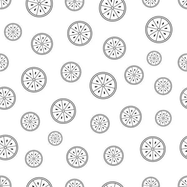Limonlu kusursuz desen. Beyaz arka planda siyah düz limon dilimi. Doğrusal ikon meyve seti. Kumaş, ambalaj kağıdı, duvar kağıdı, ambalaj için modern tasarım. Vektör illüstrasyonu
