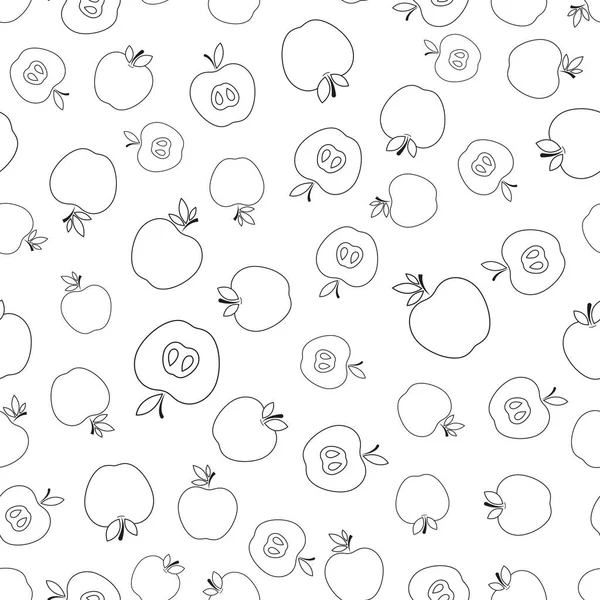 Elmayla kusursuz desen. Beyaz arka planda siyah yassı elma dilimi. Doğrusal ikon meyve seti. Kumaş, ambalaj kağıdı, duvar kağıdı, ambalaj için modern tasarım. Vektör illüstrasyonu