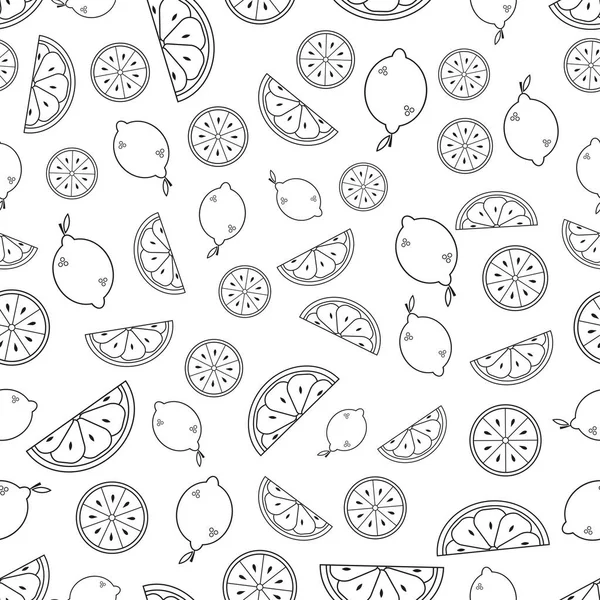 Limonlu kusursuz desen. Beyaz arka planda siyah düz limon dilimi. Doğrusal ikon meyve seti. Kumaş, ambalaj kağıdı, duvar kağıdı, ambalaj için modern tasarım. Vektör illüstrasyonu