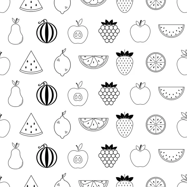Nahtloses Muster Mit Festgelegten Früchten Schwarze Flache Symbolbeeren Auf Weißem — Stockvektor