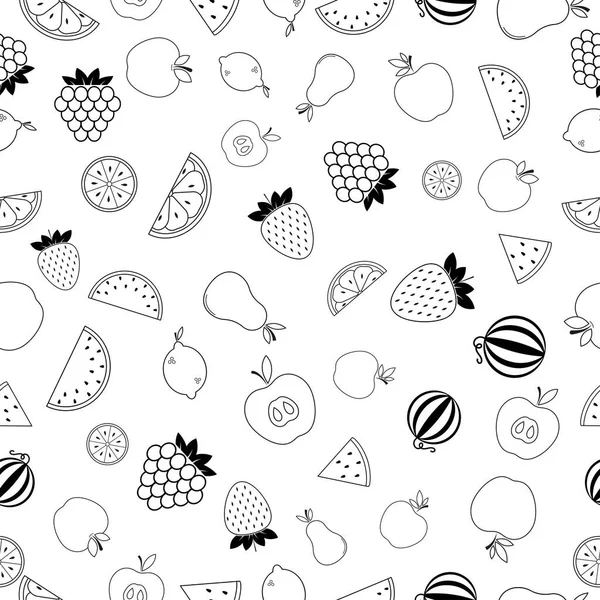 Eksik meyveli kusursuz desen. Beyaz arka planda siyah yassı dutlar. Doğrusal ikon meyve seti. Kumaş, ambalaj kağıdı, duvar kağıdı, ambalaj için modern tasarım. Vektör illüstrasyonu