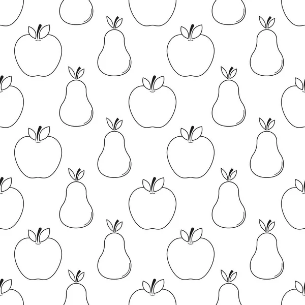 Seamless pattern with pear and apple. Black flat icon fruit on white background. Linear icon fruit set. Modern design for print on fabric, wrapping paper, wallpaper, packaging. Vector illustration