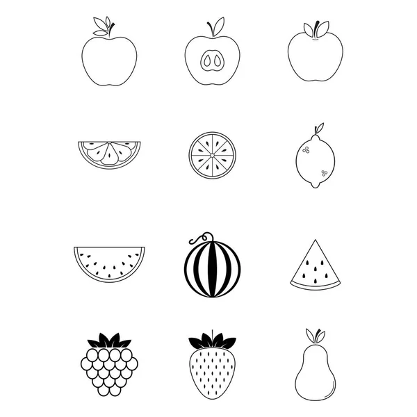 Fruits Icon Set Apple Strawberry Pear Citrus Slice Watermelon Flat — ストックベクタ