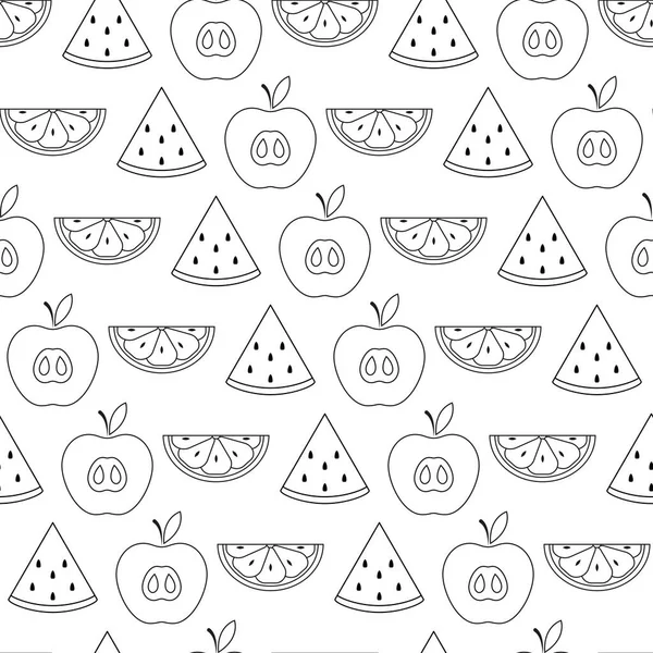 Modèle Sans Couture Avec Des Fruits Fixés Icône Plate Noire — Image vectorielle