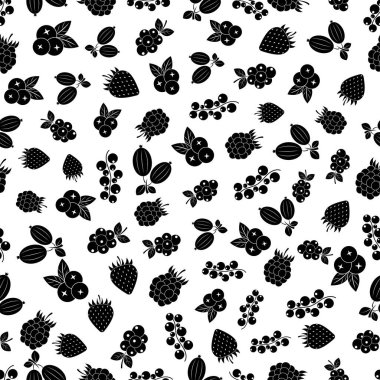 Beyaz arka planda yabanmersinli kusursuz desen. Düz çilekli, yaban mersinli, ahududulu, üzümlü yaz arkaplanı. Ambalaj kağıdı ve ambalaj kağıdına baskı için tasarım. Vektör illüstrasyonu