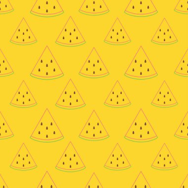 Karpuz dikişsiz desen. Sanat tarzında karpuz dilimi simgesi. Meyve ikonu sembolü. Kırmızı renkli karpuz çizgisi. Kumaş, ambalaj kağıdı ve duvar kağıdı üzerine baskı için tasarlanmış. Vektör illüstrasyonu