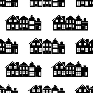 House 'un kusursuz bir düzeni var. Beyaz arka planda siyah ikon evi. Evin düzeni. Siluet binaları koleksiyonu. Düz dizayn kumaş, duvar kağıdı, ambalaj kağıdı. Vektör illüstrasyonu
