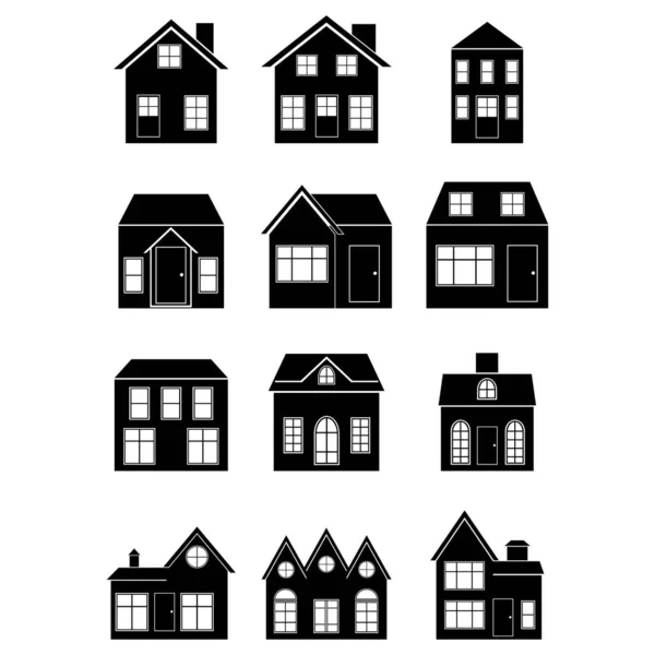 家のアイコンセット 黒い色の家の隔離されたアイコン フラットデザインの都市建築 孤立したファサードヨーロッパの建物 ウェブサイト バナーのための古典的なデザイン ベクターイラスト ロイヤリティフリーのストックイラスト