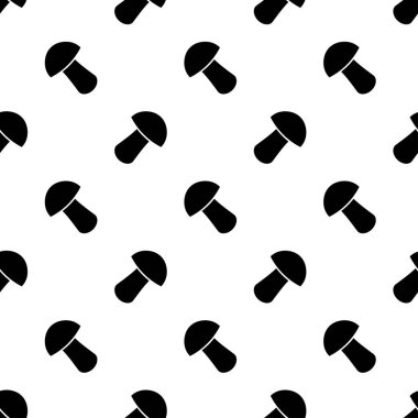 Mantarlı kusursuz desen. Beyaz arka planda siyah mantar ikonu. Düz bir şekilde izole edilmiş mantar. Kumaş, ambalaj kağıdı, ambalaj, duvar kağıdı üzerine baskı için dizayn. Vektör illüstrasyonu