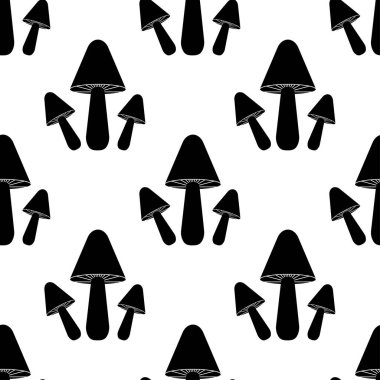 Mantarlı kusursuz desen. Beyaz arka planda siyah mantar ikonu. Düz bir şekilde izole edilmiş mantar. Kumaş, ambalaj kağıdı, ambalaj, duvar kağıdı üzerine baskı için dizayn. Vektör illüstrasyonu